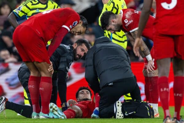 LIVERPOOL, ENGLAND - Saturday, December 23, 2023: Liverpool's Luis Díaz goes down with an injury during the FA Premier League match between Liverpool FC and Arsenal FC at Anfield. (Photo by David Rawcliffe/Propaganda)
