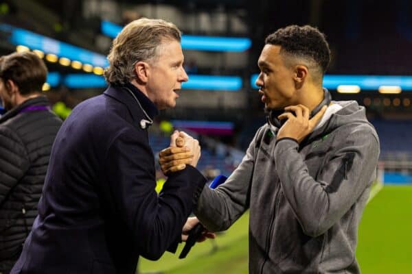 BURNLEY, ENGLAND - Tuesday, December 26, 2023: Liverpool's Trent Alexander-Arnold (R) greets former Liverpool player Steve McManaman before the FA Premier League match between Burnley FC and Liverpool FC at Turf Moor. Liverpool won 2-0. (Photo by David Rawcliffe/Propaganda)