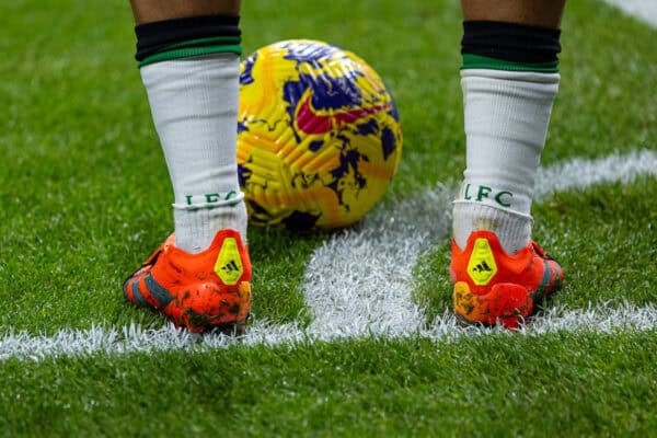 BURNLEY, ENGLAND - Tuesday, December 26, 2023: The orange Adidas Predator boots of Liverpool's Trent Alexander-Arnold during the FA Premier League match between Burnley FC and Liverpool FC at Turf Moor. Liverpool won 2-0. (Photo by David Rawcliffe/Propaganda)