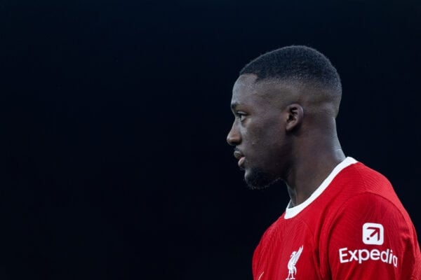 LIVERPOOL, ENGLAND - Wednesday, January 10, 2024: Liverpool's Ibrahima Konaté during the Football League Cup Semi-Final 1st Leg match between Liverpool FC and Fulham FC at Anfield. Liverpool won 2-1. (Photo by David Rawcliffe/Propaganda)