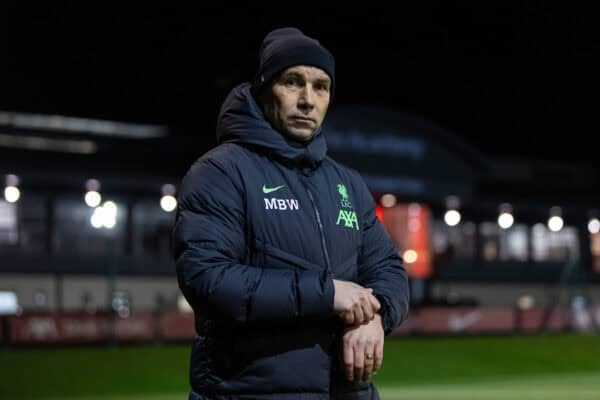 LIVERPOOL, ENGLAND - Saturday, January 20, 2024: Liverpool's Under-18's head coach Marc Bridge-Wilkinson during the FA Youth Cup 4th Round match between Liverpool FC Under-18's and Arsenal FC Under-18's at the Liverpool Academy. (Photo by David Rawcliffe/Propaganda)
