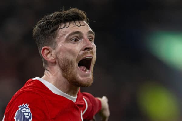 LIVERPOOL, ENGLAND - Wednesday, January 31, 2024: Liverpool's Andy Robertson during the FA Premier League match between Liverpool FC and Chelsea FC at Anfield. Liverpool won 4-1. (Photo by David Rawcliffe/Propaganda)