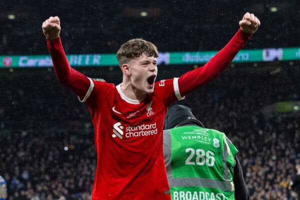 LONDON, ENGLAND - Sunday, February 25, 2024: Liverpool's James McConnell celebrates the winning goal in extra-time during the Football League Cup Final match between Chelsea FC and Liverpool FC at Wembley Stadium. Liverpool won 1-0 after extra-time. (Photo by David Rawcliffe/Propaganda)