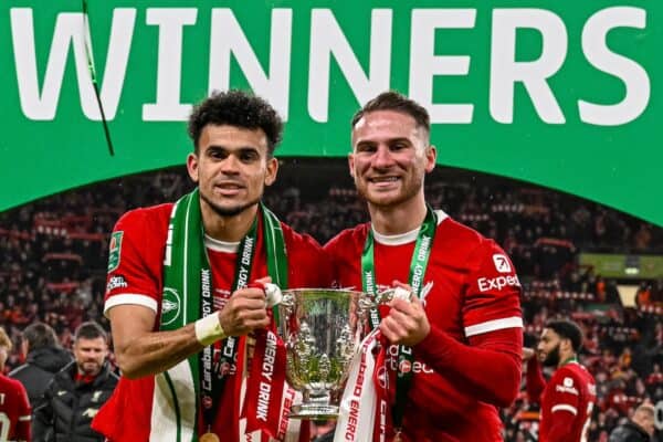 LONDON, ENGLAND - Sunday, February 25, 2024: Liverpool's Luis Díaz (L) and Alexis Mac Allister (R) celebrate with the trophy after the Football League Cup Final match between Chelsea FC and Liverpool FC at Wembley Stadium. Liverpool won 1-0 after extra-time. (Photo by Peter Powell/Propaganda)