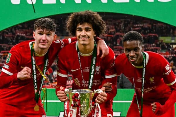 LONDON, ENGLAND - Sunday, February 25, 2024: Liverpool's Lewis Koumas, Jayden Danns and Trey Nyoni celebrate with the trophy after the Football League Cup Final match between Chelsea FC and Liverpool at Wembley Stadium.  Liverpool won 1-0 after extra time.  (Photo by Peter Powell/Propagand)