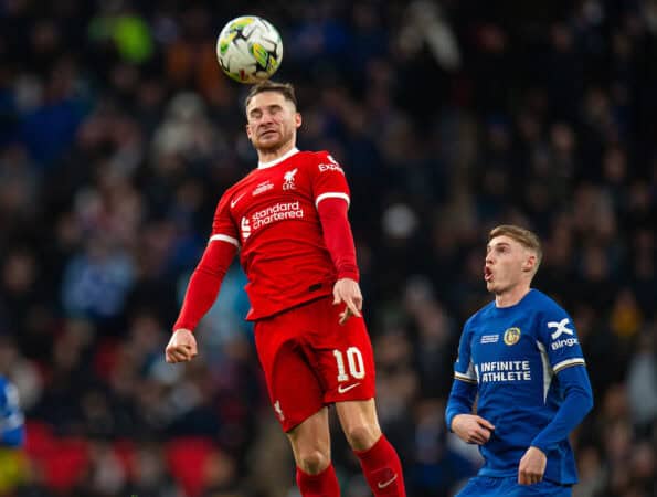 LONDON, ENGLAND - Sunday, February 25, 2024: Liverpool's Alexis Mac Allister (L) wins a header from Chelsea's Cole Palmer during the Football League Cup Final match between Chelsea FC and Liverpool FC at Wembley Stadium. (Photo by Peter Powell/Propaganda)