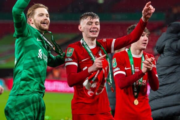 LONDON, ENGLAND - Sunday, February 25, 2024: Liverpool's goalkeeper Caoimhin Kelleher (L) and Conor Bradley celebrate after the Football League Cup Final match between Chelsea FC and Liverpool FC at Wembley Stadium. (Photo by Peter Powell/Propaganda)