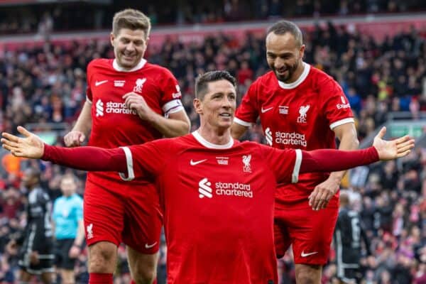 LIVERPOOL, ENGLAND - Saturday, March 23, 2024: Liverpool's Fernando Torres (C) celebrates with team-mates Steven Gerrard (L) and Nabil El Zhar (R) after scoring his side's fourth goal during the LFC Foundation match between Liverpool FC Legends and Ajax FC Legends at Anfield. Liverpool won 4-2. (Photo by David Rawcliffe/Propaganda)