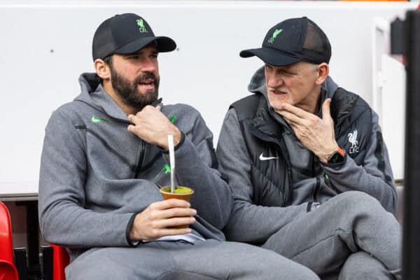 LIVERPOOL, ENGLAND - Sunday, March 31, 2024: Liverpool's goalkeeper Alisson Becker (L) with a maté drink (chimarrão) sits with goalkeeping coach Claudio Taffarel before the FA Premier League match between Liverpool FC and Brighton & Hove Albion FC at Anfield. Liverpool won 2-1. (Photo by David Rawcliffe/Propaganda)