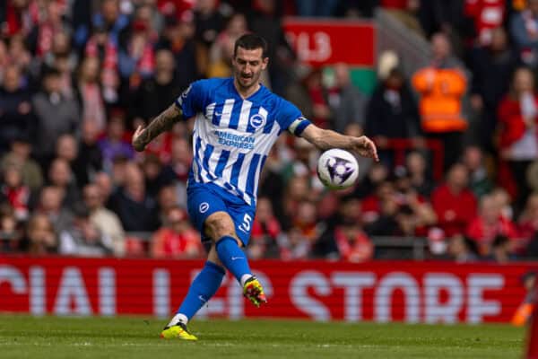 LIVERPOOL, ENGLAND - Sunday, March 31, 2024: Brighton & Hove Albion's captain Lewis Dunk during the FA Premier League match between Liverpool FC and Brighton & Hove Albion FC at Anfield. Liverpool won 2-1. (Photo by David Rawcliffe/Propaganda)