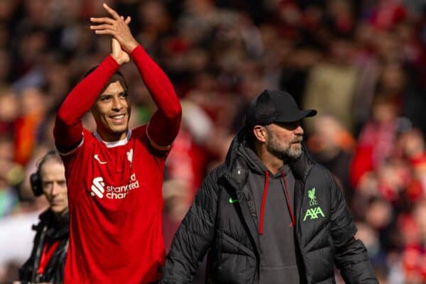 LIVERPOOL, ENGLAND - Sunday, March 31, 2024: Liverpool's captain Virgil van Dijk (L) and manager Jürgen Klopp celebrate after the FA Premier League match between Liverpool FC and Brighton & Hove Albion FC at Anfield. Liverpool won 2-1. (Photo by David Rawcliffe/Propaganda)