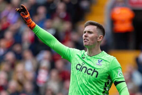 LIVERPOOL, INGHILTERRA - domenica 14 aprile 2024: Dean Henderson, portiere del Crystal Palace, durante la partita della fa Premier League tra il Liverpool FC e il Crystal Palace FC ad Anfield. Il Crystal Palace ha vinto 1-0. (Foto di David Rawcliffe/Propaganda)