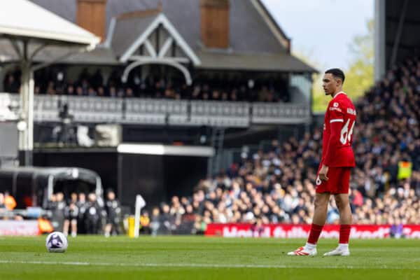 LONDON, ENGLAND - Sunday, April 21, 2024: Liverpool's Trent Alexander-Arnold stands over the ball before scoring the opening goal from a free-kick during the FA Premier League match between Fulham FC and Liverpool FC at Craven Cottage. Liverpool won 3-1. (Photo by David Rawcliffe/Propaganda)