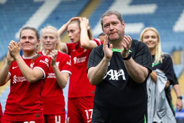 LEICESTER, ENGLAND - Saturday, May 18, 2024: Liverpool's manager Matt Beard celebrates after the final FA Women’s Super League game of the season between Leicester City FC Women and Liverpool FC Women at the King Power Stadium. Liverpool won 4-0. (Photo by David Rawcliffe/Propaganda)