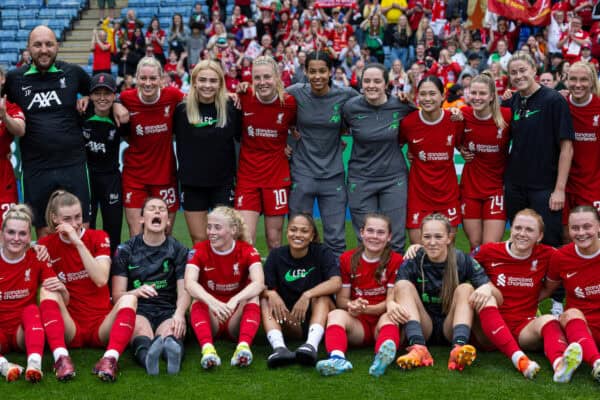 LEICESTER, ENGLAND - Saturday, May 18, 2024: Liverpool players and staff celebrate after the final FA Women’s Super League game of the season between Leicester City FC Women and Liverpool FC Women at the King Power Stadium. Liverpool won 4-0. (Photo by David Rawcliffe/Propaganda)