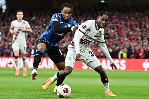 DUBLIN, IRELAND - MAY 22: Ademola Lookman of Atalanta BC and Jeremie Frimpong of Bayer 04 Leverkusen battle for possession during the UEFA Europa League 2023/24 final match between Atalanta BC and Bayer 04 Leverkusen at Dublin Arena on May 22, 2024 in Dublin, Ireland. (Handout photo from UEFA)