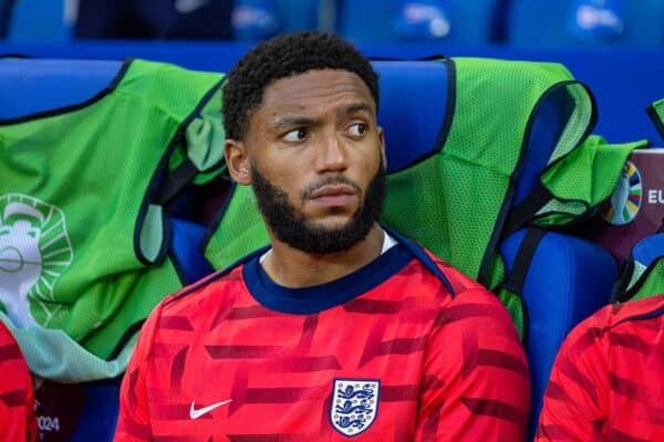 GELSENKIRCHEN, GERMANY - Sunday, June 16, 2024: England's Joe Gomez on the bench before the UEFA Euro 2024 Group C match between Serbia and England at the Arena AufSchalke. England won 1-0. (Photo by David Rawcliffe/Propaganda)