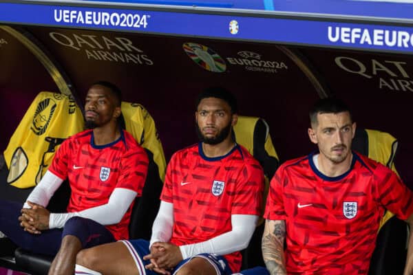 FRANKFURT, GERMANY - Thursday, June 20, 2024: England's Ivan Toney, Joe Gomez and Lewis Dunk on the bench before the UEFA Euro 2024 Group C match between Denmark and England at the Waldstadion. The game ended in a 1-1 draw. (Photo by David Rawcliffe/Propaganda)