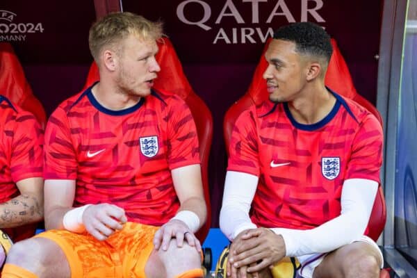 COLOGNE, GERMANY - Tuesday, June 25, 2024: England's substitute Trent Alexander-Arnold on the bench before the UEFA Euro 2024 Group C match between England and Slovenia at the Müngersdorfer Stadium. The game ended in a goal-less draw. (Photo by David Rawcliffe/Propaganda)