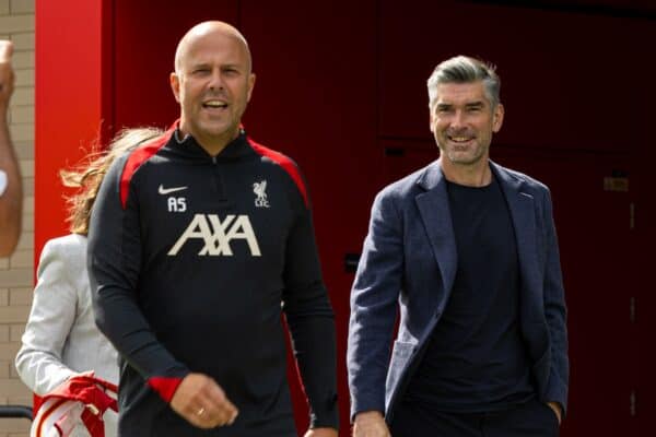 KIRKBY, ENGLAND - Friday, July 5, 2024: Liverpool's new head coach Arne Slot (L) and Sporting Director Richard Hughes are presented at a photo call at the club's AXA Training Centre. (Photo by David Rawcliffe/Propaganda)