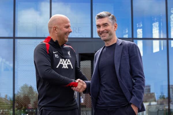 KIRKBY, ENGLAND - Friday, July 5, 2024: Liverpool's new head coach Arne Slot (L) and Sporting Director Richard Hughes (R) are presented at a photo call at the club's AXA Training Centre. (Photo by David Rawcliffe/Propaganda)
