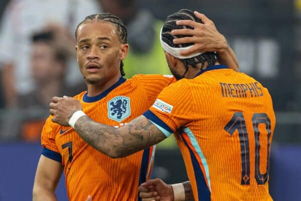 DORTMUND, GERMANY - Wednesday, July 10, 2024: Netherlands' Xavi Simons (L) celebrates with team-mate Memphis Depay after scoring the opening goal the UEFA Euro 2024 Semi-Final match between Netherlands and England at the Westfalenstadion. England won 2-1. (Photo by David Rawcliffe/Propaganda)