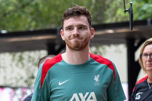 PITTSBURGH - Tuesday, July 23, 2024: Liverpool's Andy Robertson arrives at the team hotel after the team's second training session of the day on day one of the club's pre-season tour of the USA. (Photo by David Rawcliffe/Propaganda)