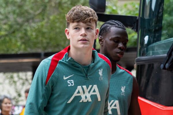 PITTSBURGH - Tuesday, July 23, 2024: Liverpool's James McConnell arrives at the team hotel after the team's second training session of the day on day one of the club's pre-season tour of the USA. (Photo by David Rawcliffe/Propaganda)