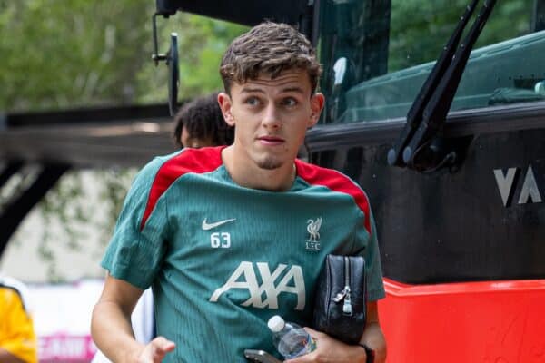 PITTSBURGH - Tuesday, July 23, 2024: Liverpool's Owen Beck arrives at the team hotel after the team's second training session of the day on day one of the club's pre-season tour of the USA. (Photo by David Rawcliffe/Propaganda)