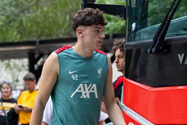 PITTSBURGH - Tuesday, July 23, 2024: Liverpool's Luke Chambers returns to the team hotel after the team's second training session of the day on day one of the club's pre-season tour of the USA. (Photo by David Rawcliffe/Propaganda)