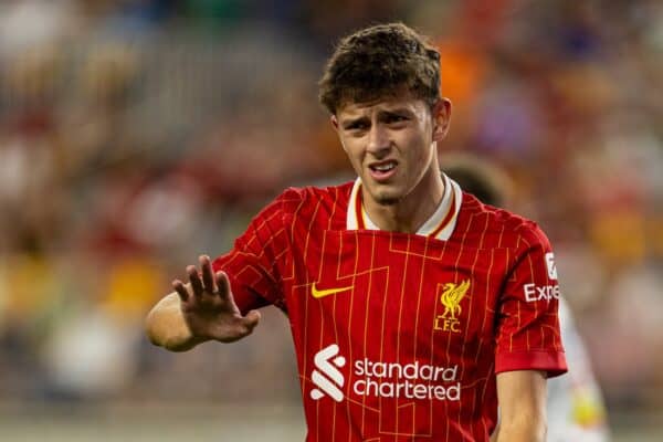 PITTSBURGH - Friday, July 26, 2024: Liverpool's Owen Beck during a pre-season friendly match between Liverpool and Real Betis Balompié at the Acrisure Stadium on day three of the club's pre-season tour of the USA. Liverpool won 1-0. (Photo by David Rawcliffe/Propaganda)