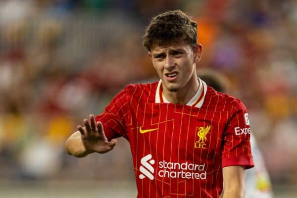 PITTSBURGH - Venerdì 26 luglio 2024: Owen Beck del Liverpool durante un'amichevole pre-campionato tra Liverpool e Real Betis Balompié all'Acrisure Stadium nel terzo giorno del tour pre-campionato del club negli USA. Il Liverpool ha vinto 1-0. (Foto di David Rawcliffe/Propaganda)