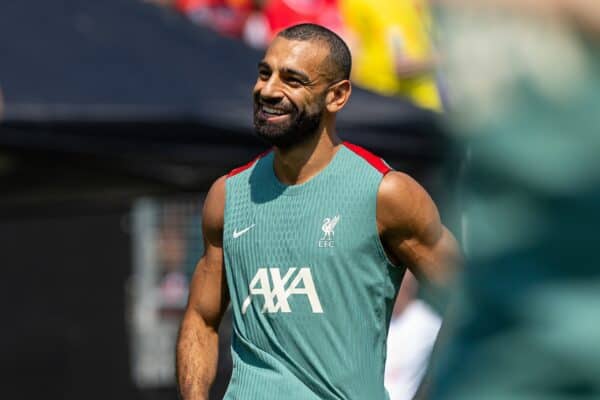 FILADELFIA - Domenica 28 luglio 2024: Mohamed Salah del Liverpool durante una sessione di allenamento aperta al Lincoln Financial Field nel quinto giorno del tour pre-stagionale del club negli Stati Uniti. (Foto di David Rawcliffe/Propaganda)