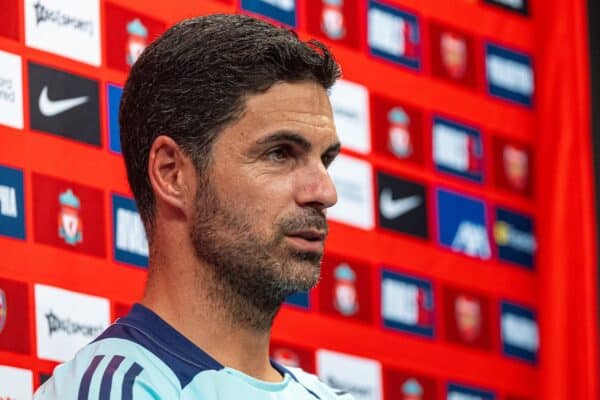 PHILADELPHIA - Monday, July 29, 2024: Arsenal's manager Mikel Arteta speaks to the media after an open training session at Philadelphia Union's Subaru Park ahead of a pre-season friendly match against Liverpool FC. (Photo by David Rawcliffe/Propaganda)