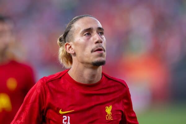 FILADELFIA - mercoledì 31 luglio 2024: Kostas Tsimikas di Liverpool durante il riscaldamento pre-partita prima di una partita amichevole pre-campionato tra Liverpool FC e Arsenal FC al Lincoln Financial Field l'ottavo giorno del tour pre-campionato del club U.S.A. Il Liverpool ha vinto 2-1. (Foto di David Rawcliffe/Propaganda)