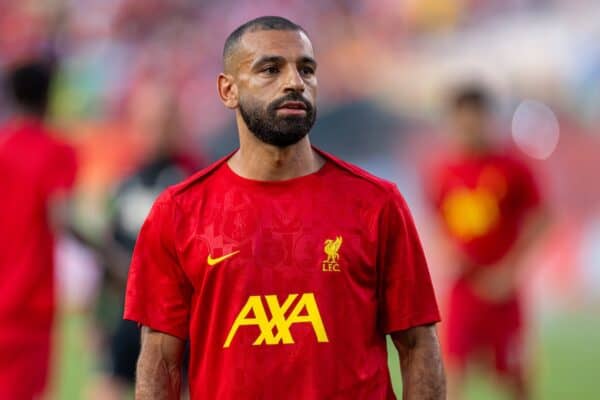 PHILADELPHIA - Wednesday, July 31, 2024: Liverpool's Mohamed Salah during the pre-match warm-up before a pre-season friendly match between Liverpool FC and Arsenal FC at the Lincoln Financial Field on day eight of the club's pre-season tour of the USA. Liverpool won 2-1. (Photo by David Rawcliffe/Propaganda)