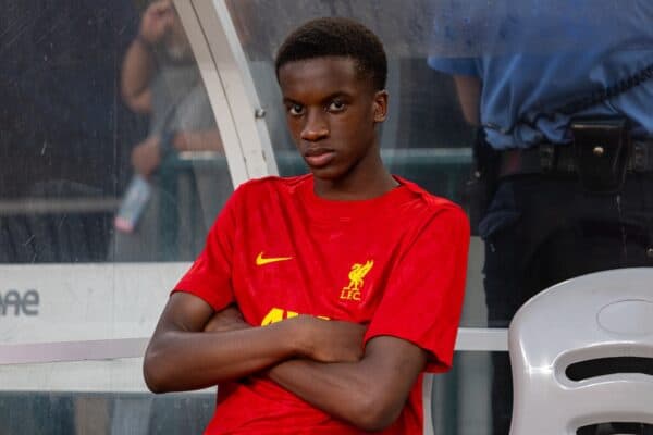 PHILADELPHIA - Wednesday, July 31, 2024: Liverpool substitute Trey Nyoni before a pre-season friendly match between Liverpool FC and Arsenal FC at the Lincoln Financial Field on day eight of the club's pre-season tour of the USA. Liverpool won 2-1. (Photo by David Rawcliffe/Propaganda)