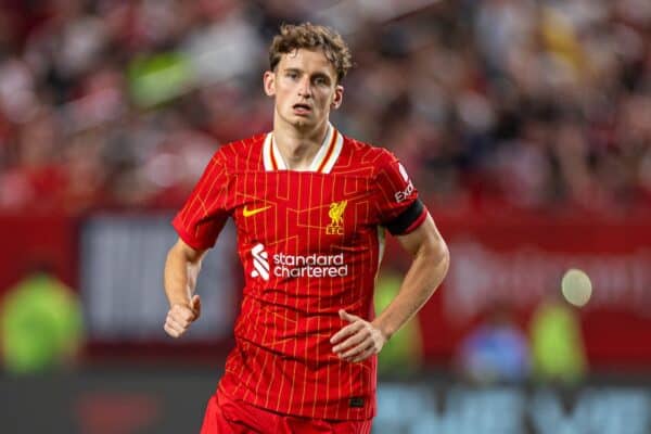 PHILADELPHIA - Mercoledì 31 luglio 2024: Tyler Morton del Liverpool durante un'amichevole pre-campionato tra Liverpool FC e Arsenal FC al Lincoln Financial Field, nell'ottavo giorno del tour pre-campionato del club negli USA. Il Liverpool ha vinto 2-1. (Foto di David Rawcliffe/Propaganda)