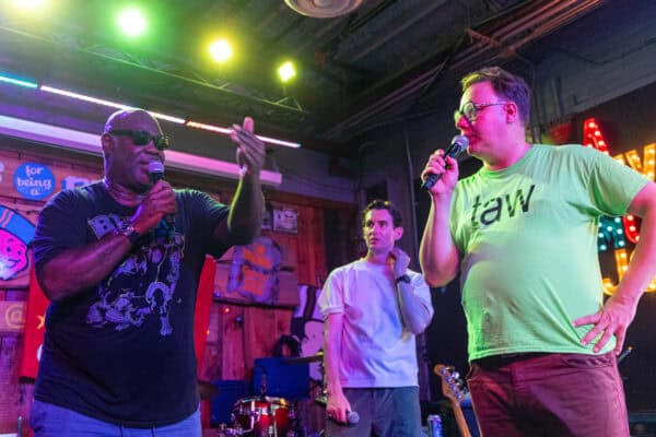  (L-R) Mo Stewart, Neil Atkinson and Dan Morgan of The Anfield Wrap during an event at the Tin Roof ahead of a pre-season friendly match between Liverpool FC and Manchester United FC on day ten of the club's pre-season tour of the USA. (Photo by David Rawcliffe/Propaganda)