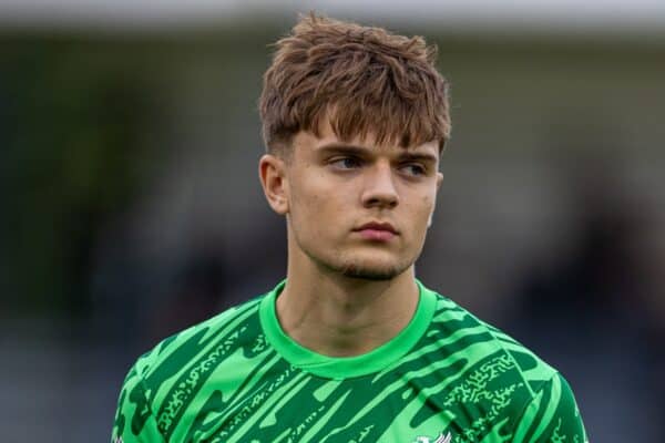 KIRKBY, ENGLAND - Wednesday, August 21, 2024: Liverpool's goalkeeper Kornel Misciur lines-up before the Premier League International Cup Group C match between Liverpool FC Under-21's and PSV Eindhoven's Under-21's at the Liverpool Academy. PSV won 4-0. (Photo by David Rawcliffe/Propaganda)