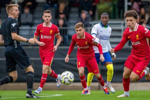 KIRKBY, ENGLAND - Wednesday, August 21, 2024: Liverpool's James Norris and Thomas Hill during the Premier League International Cup Group C match between Liverpool FC Under-21's and PSV Eindhoven's Under-21's at the Liverpool Academy. (Photo by Jayde Chamberlain/Propaganda)