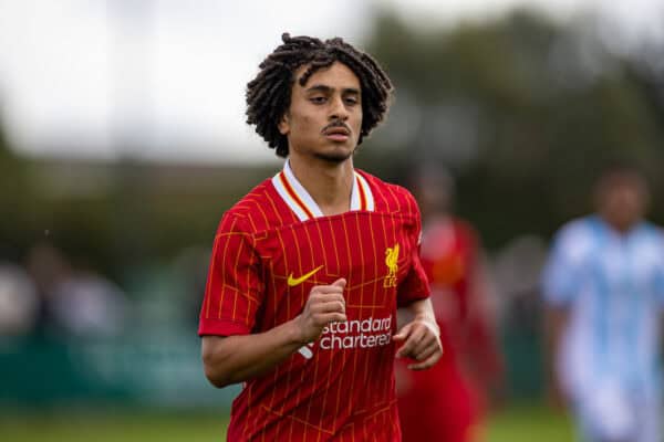 KIRKBY, INGHILTERRA - sabato 24 agosto 2024: Kareem Ahmed di Liverpool durante la partita Under-18 della Premier League North tra Liverpool FC Under-18 e Middlesbrough FC Under-18 alla Liverpool Academy. Il Middlesbrough ha vinto 3-2. (Foto di David Rawcliffe/Propaganda)