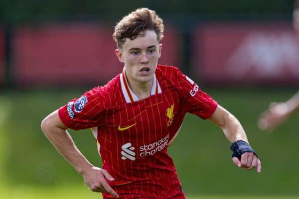 KIRKBY, ENGLAND - Saturday, August 24, 2024: Liverpool's Tommy Pilling during the Premier League 2 Division 1 match between Liverpool FC Under-21's and Leicester City FC Under-21's at the Liverpool Academy. Leicester won 2-1. (Photo by David Rawcliffe/Propaganda)