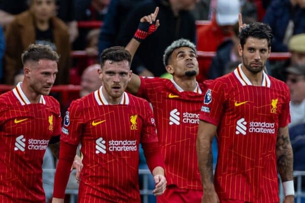 LIVERPOOL, ENGLAND - Sunday, August 25, 2024: Liverpool's Luis Díaz (2nd from R) celebrates after scoring the first goal during the FA Premier League match between Liverpool FC and Brentford FC at Anfield. Liverpool won 2-0. (Photo by David Rawcliffe/Propaganda)