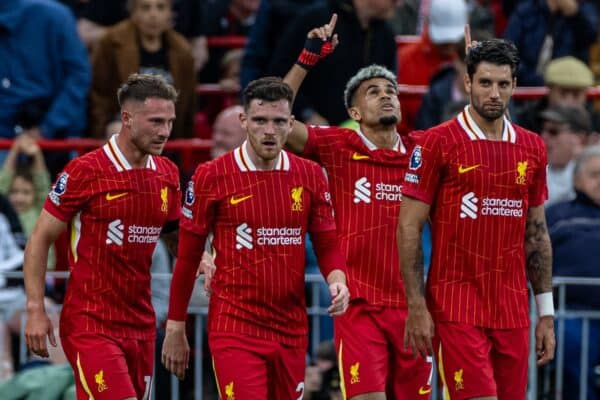 LIVERPOOL, ENGLAND - Sunday, August 25, 2024: Liverpool's Luis Díaz (2nd from R) celebrates after scoring the first goal during the FA Premier League match between Liverpool FC and Brentford FC at Anfield. Liverpool won 2-0. (Photo by David Rawcliffe/Propaganda)