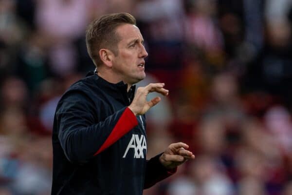 LIVERPOOL, ENGLAND - Sunday, August 25, 2024: Liverpool's first team individual development coach Aaron Briggs during the FA Premier League match between Liverpool FC and Brentford FC at Anfield. Liverpool won 2-0. (Photo by David Rawcliffe/Propaganda)