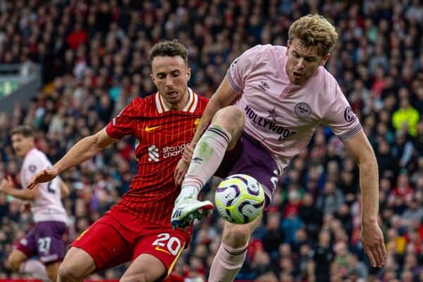 LIVERPOOL, ENGLAND - Sunday, August 25, 2024: Brentford's Nathan Collins (R) is challenged by Liverpool's Diogo Jota during the FA Premier League match between Liverpool FC and Brentford FC at Anfield. Liverpool won 2-0. (Photo by David Rawcliffe/Propaganda)