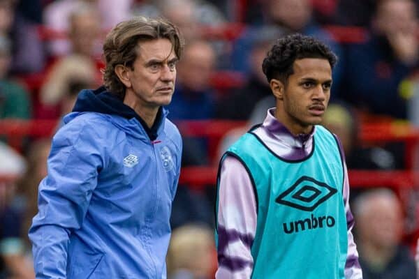 LIVERPOOL, ENGLAND - Sunday, August 25, 2024: Brentford's manager Thomas Frank (L) and substitute Fábio Carvalho during the FA Premier League match between Liverpool FC and Brentford FC at Anfield. Liverpool won 2-0. (Photo by David Rawcliffe/Propaganda)