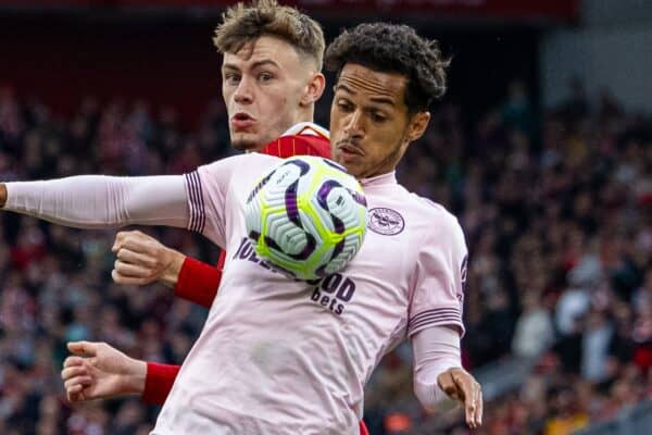 LIVERPOOL, ENGLAND - Sunday, August 25, 2024: Liverpool's Conor Bradley (L) challenges Fábio Carvalho during the FA Premier League match between Liverpool FC and Brentford FC at Anfield. Liverpool won 2-0. (Photo by David Rawcliffe/Propaganda)