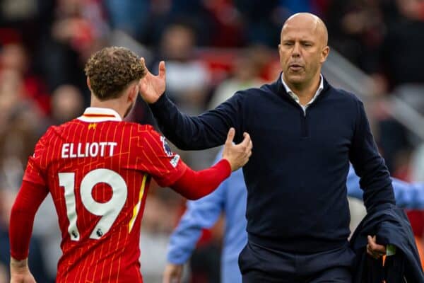 LIVERPOOL, ENGLAND - Sunday, August 25, 2024: Liverpool's head coach Arne Slot (R) and Harvey Elliott after the FA Premier League match between Liverpool FC and Brentford FC at Anfield. Liverpool won 2-0. (Photo by David Rawcliffe/Propaganda)